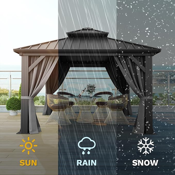 DWVO 10x10ft Hardtop Gazebo Double Roof Hardtop with Nettings and Curtains, Heavy Duty Aluminum Frame Galvanized Steel Outdoor for Patio, Backyard, Deck, Lawns, Grey