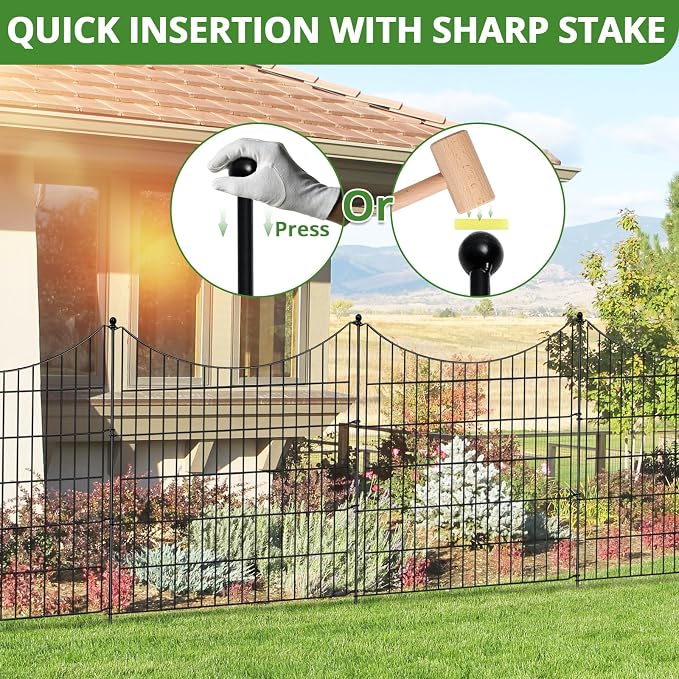 10 Panels No Dig Decorative Outdoor Garden Fence for Yard, 32 in(H) X 23.6 ft(L) Animal Barrier Fencing Rustproof Metal Wire Border for Dog, Rabbits, Landscape Temporary Defense with 11PCS Stakes