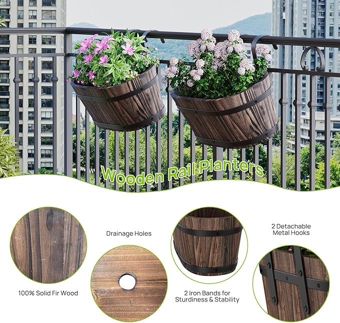 2pcs Wood Railing Planter Boxes Wooden Hanging Flower Pots for Railing Fence Outdoor Plants Wall Planters Window Flower Box Hanging Bucket Pots Countryside plant Holder (Carbonized,2pcs,Small)