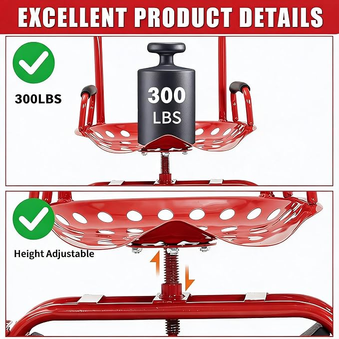 Rolling Garden Work Seat with Wheels, 300lbs Heavy Duty Garden Cart, 360° Swivel Adjustable Height Rolling Stool, Extendable Handle, Storage Basket & Tray for Gardening, Lawn Care, Adults & Seniors