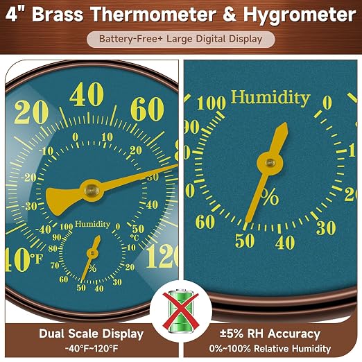 4 Inch Outdoor Thermometer and Humidity Gauge, Analog Brass Thermometer Hygrometer Combo with Large Blue-Green Dial, Fahrenheit/Celsius, Waterproof for Patio, Garden, Indoor Wall or Desk with Stand