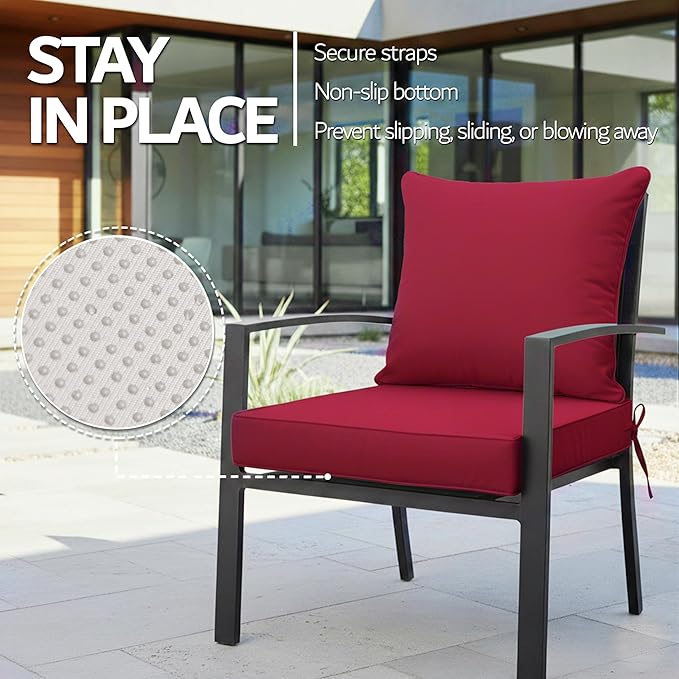 22x22 Inch Patio Chair Cushions Set of 2, Outdoor Furniture Cushions - Removable Cover, Water-Repellent, Fade-Resistant, Non-Slip Bottom & Straps, Replacement for Lawn, Porch & Deck Chair - Burgundy