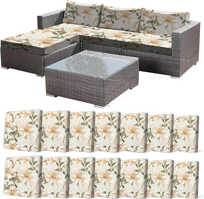 CALBODE 14 Pcs Stretch Outdoor Seat Cushion Covers, Washable Chair Seat Cover for Patio Furniture Cushions Soft Indoor and Outdoor Couch Cover Replacement (Lily, Cover Only)
