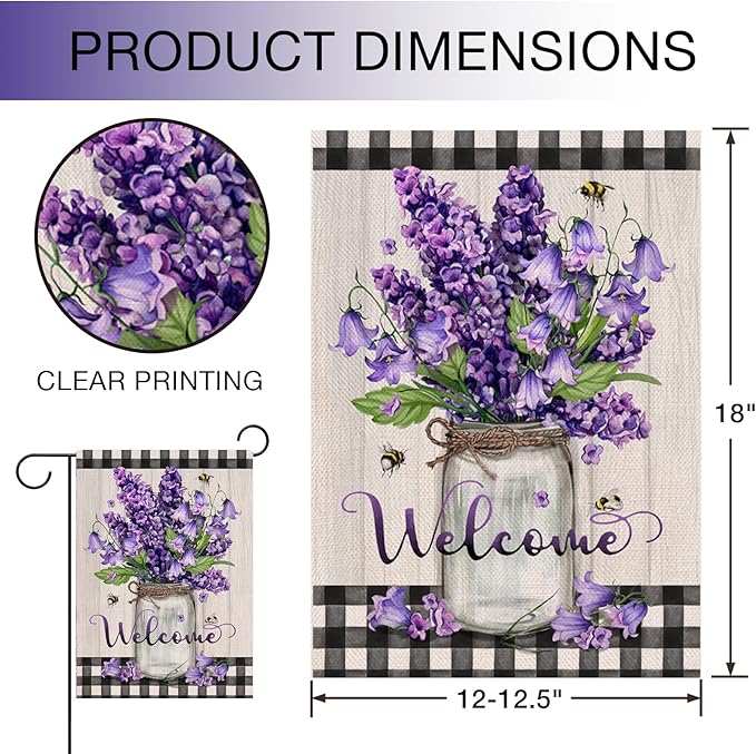 Hzppyz Welcome Spring Summer Floral Flower Garden Flag Double Sided, Hyacinth Canterbury Bells Decorative Yard Outdoor Home Small Decor, Mason Jar Plaid Farmhouse Outside House Decoration 12 x 18