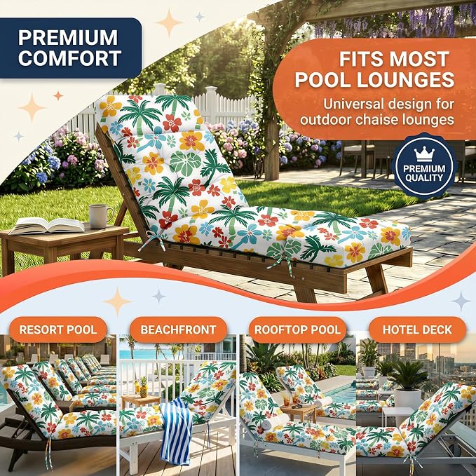 MAGIC ELEPHANT Chaise Lounge Cushion Outdoor, Memory Foam Patio Lounge Chair Cushion with Ties for Outdoor Furniture, 74 x 22 x 4 Inch (Hawaiian Palm Floral)