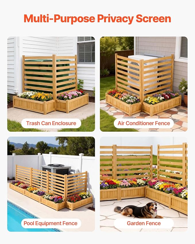 VEVOR Wooden Privacy Fence, 36 x 45 inch Air Conditioner Fence, 2 Slatted Panel Solid Outdoor Wood Privacy Screen with 2 Planters, Metal Stakes, Trash Can Hider Fences Suitable for Garden, Pool