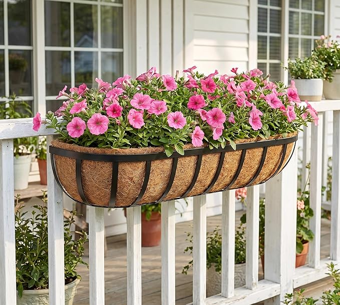30 Inch Window Deck with Coco Liner, 30" Window Boxes Horse Trough with Coconut Coir Liner, Fence Metal Hanging Flower Planter Window Basket Deck Railing Planter Boxes for Outdoor Garden Lawn, 4pcs