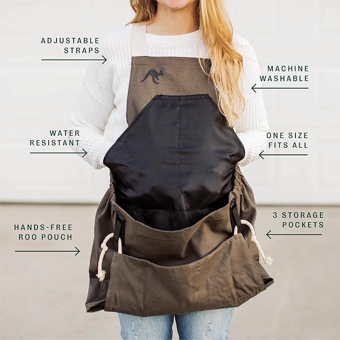 Roo Gardening Apron with Pockets for Women & Men - Canvas Garden Apron with Harvesting Pouch, Water-Resistant, Washable