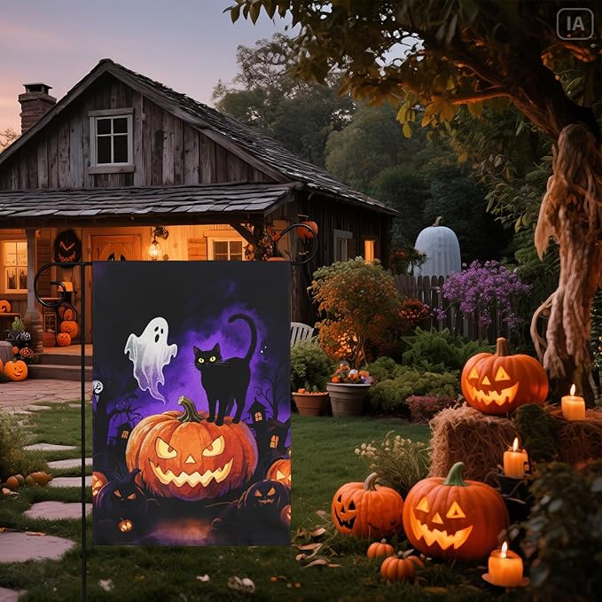 Halloween Pumpkin Ghost Black Cat Garden Flag 12x18 Inch Tree House Shadow Spooky Scary Holiday Decorative Yard Flags for Outside Double Sided Outdoor Home Farmhouse Decoration Porch Decor