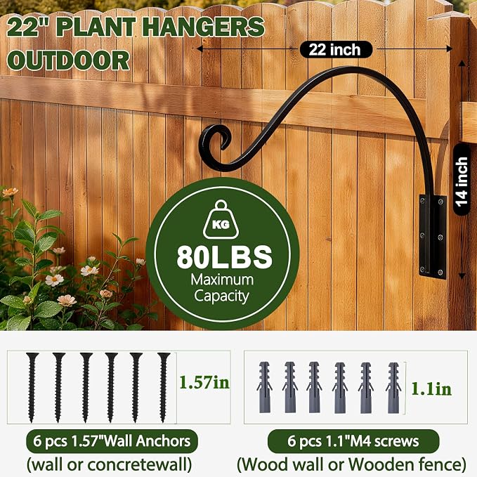 Heavy Duty 22 Inch Plant Hangers Bracket Outdoor, 80lbs Weight Capacity-2 Pack Metal Wall Hooks for Hanging Plants, Bird Feeder, Wind Chime, Wall Decor, Plant Hanger Hooks for Hanging Flower Baskets