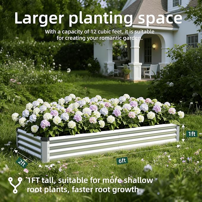 2PCS 6x2x1 FT Rectangle Metal Raised Garden Bed Kit, Elevated Garden Planter Box Outdoor, Large Planters for Outdoor Plants, Flower, Vegetables, Fruit, Herbs (Silver)