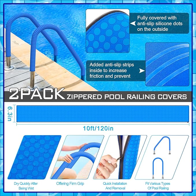 2 Pack Neoprene Pool Handrail Covers, 10 Foot Swimming Pool Hand Railing Covers with Enhanced Zipper Slip Resistant Anti-Scald Safety Rail Grip Handles Sleeve for Inground Swimming Pool Ladder Handles