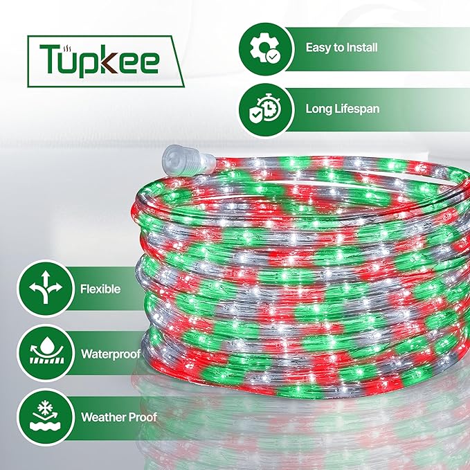 Tupkee LED Rope Light Red, Green, and Clear - 24 Feet (7.3 m), for Indoor and Outdoor use - 10MM Diameter - 144 LED Long Life Bulbs Halloween Decorative Rope Tube Lights