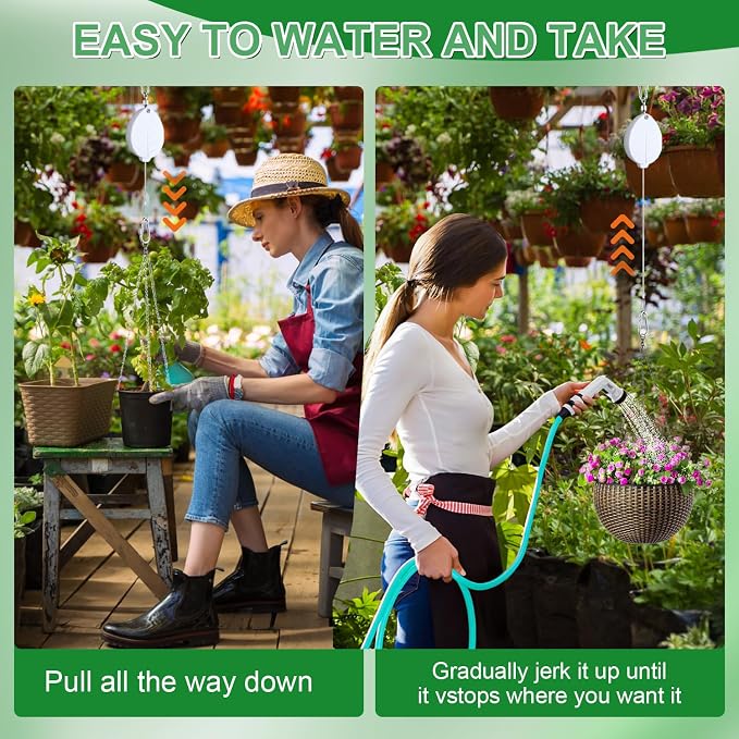Heavy Duty Retractable Plant Hangers, Adjustable Pull-Down Pulleys with 63" Stainless Steel Rope, Double Hooks for Hanging Plants, Bird Feeders, Planters & Pots, Indoor & Outdoor Use (4Pcs- White)