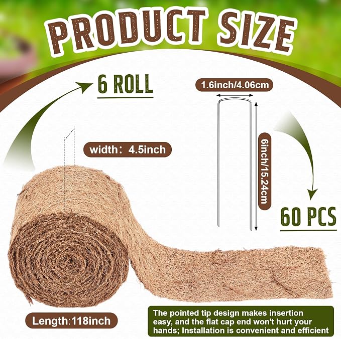 Tinideya 6 Pcs Natural Mulch Roll for Landscaping 118'' x 4.5'' Per Roll Coconut Fiber Mulch Mat with 60 U-Shaped Steel Stakes Cuttable Coconut Liner for Garden Edgings Wrap Trunk Planter Pet Pad