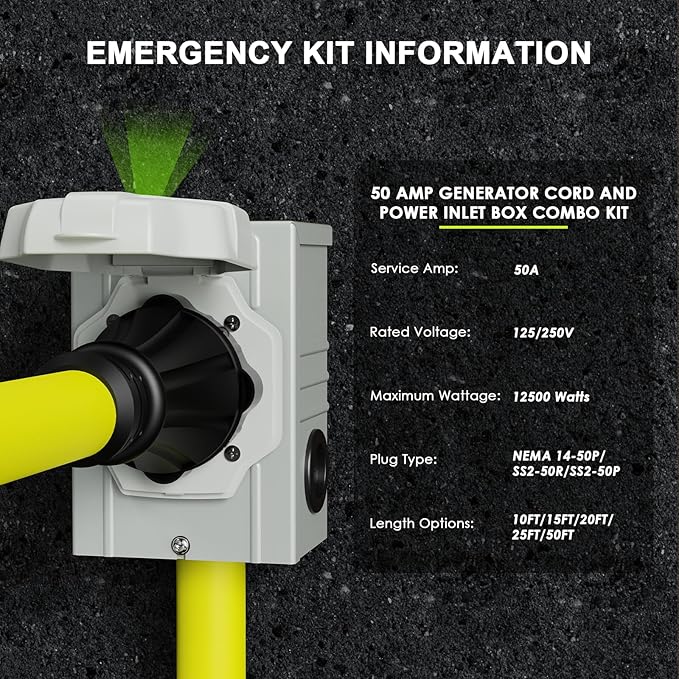 50 Amp Generator Cord 50FT and Power Inlet Box, NEMA 14-50P Male to SS2-50R 125/250V Twist Lock Connector with Pre-Drilled NEMA SS2-50P Generator Inlet Box for Generator to House, ETL Listed
