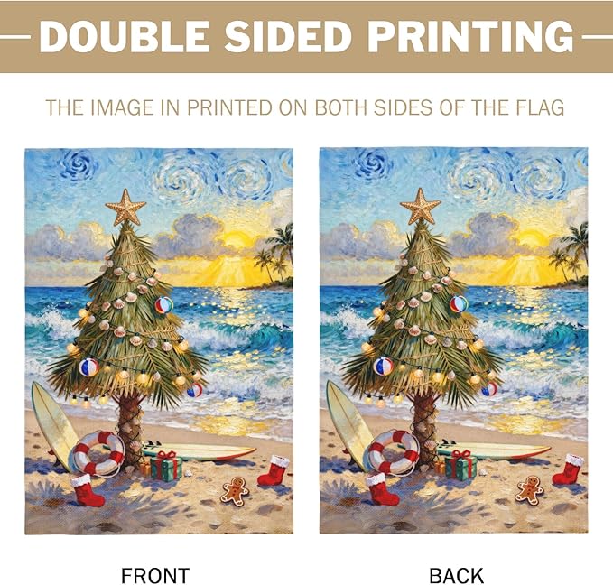 Coastal Christmas House Flag 28x40 Inch Xmas Tree Beach Holiday Themed Decorative Garden Flags for Outside Double Sided Winter Seasonal Outdoor Home Farmhouse Decoration Yard Porch New Year Decor