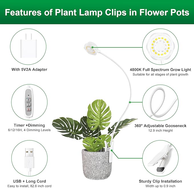 Hywyimlait Grow Lights for Indoor Small Plants, Pot Clip Plant Growing Lights, LED Full Spectrum, Grow Lamps with 4 Level Dimmable, Auto Timer 6/12/ 16 Hrs for Succulents, White 1 Pack