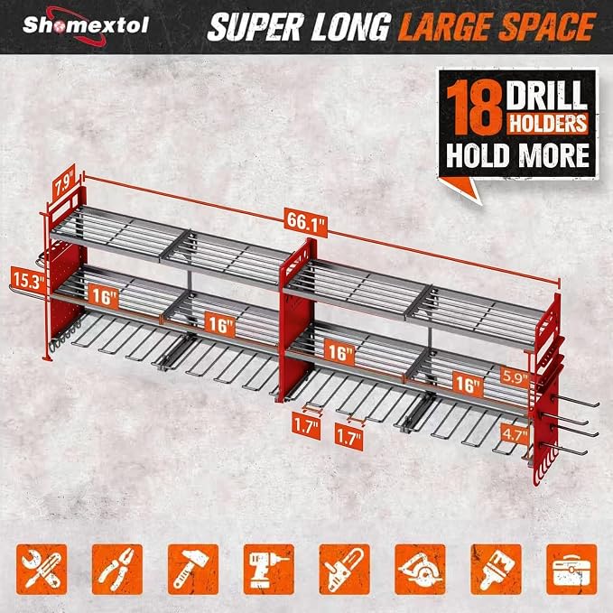 2-Pack Large Power Tool Organizer Wall Mount,Heavy Duty Cordless Tool Organizer with 18 Drill Holder,600 Lbs Capacity 3-Layer Garage Organization for Garage and Workshop (Red)