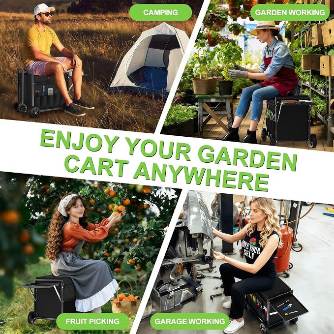 Garden Seat with Wheels, Garden Cart with Seat, 400 lbs Garden Rolling Utility Cart with Foldable Side Trays, for Gardening, Patio, Backyard, Gardening Gifts for Fathers Day