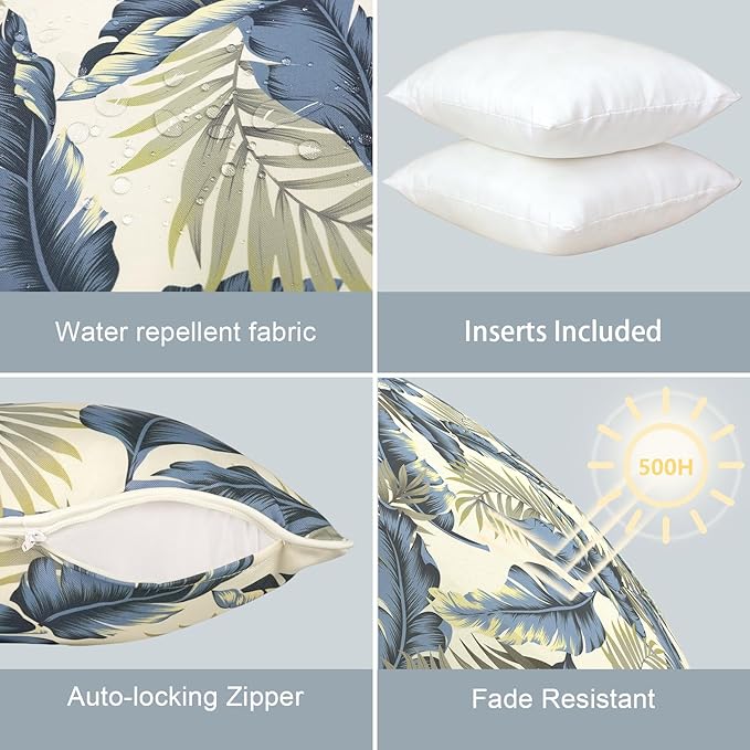 LVTXIII Set of 2 Patio Throw Pillows Waterproof 20"x20" Fade Resistant Outdoor Throw Pillows with Inserts, Fluffy Decorative Garden Toss Pillow Cushions for Home Patio Coach Sofa Use, ‌Lush Palm Blue