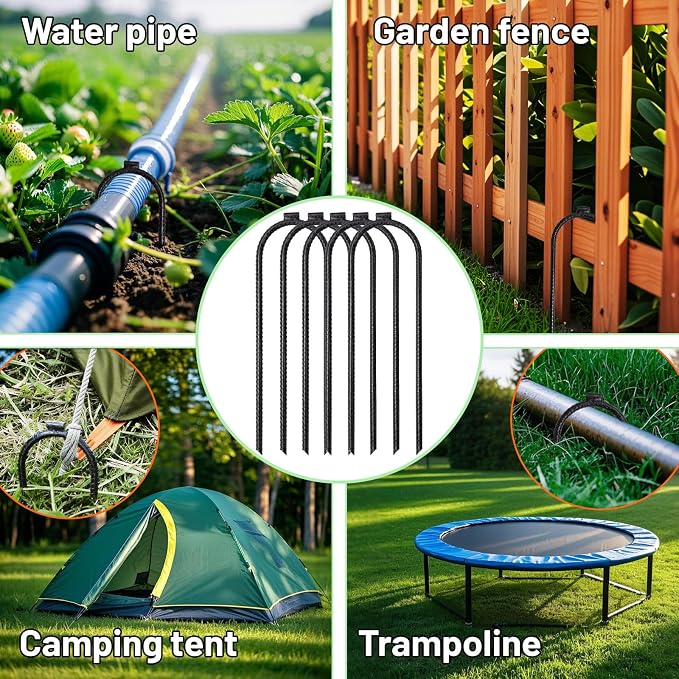12 Inch U Shaped Heavy Duty Trampoline Stakes 10 Pack, Black Anti Rust Coated Rebar Flat Welded Head, High Wind Securing for Trampolines, Tents, Fences, Garden
