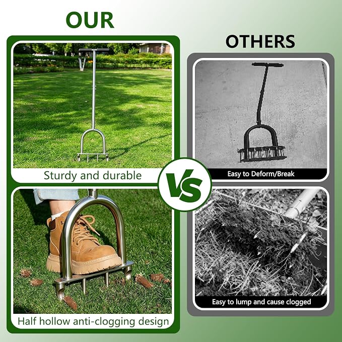 Bigwish Manual Lawn Core Aerator Tool with 2 Hollow Tines & 2 Spikes, Adjustable Semi-Assembled Plug Aerator, Stainless Steel Grass Aerator for Lawn Care, Garden & Yard, Relieves Compacted Soil