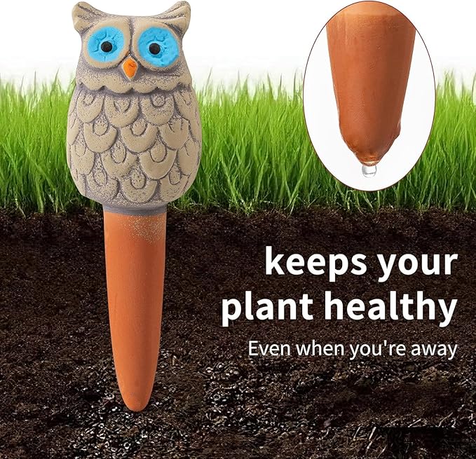 Mother’s Day Gift for Mom from Daughter or Son, 4 Pack Handmade Terracotta Owl Watering Globes & Spikes, Self-Watering Plant Devices with Slow Release System for Indoor & Outdoor Plants, Vacation Use