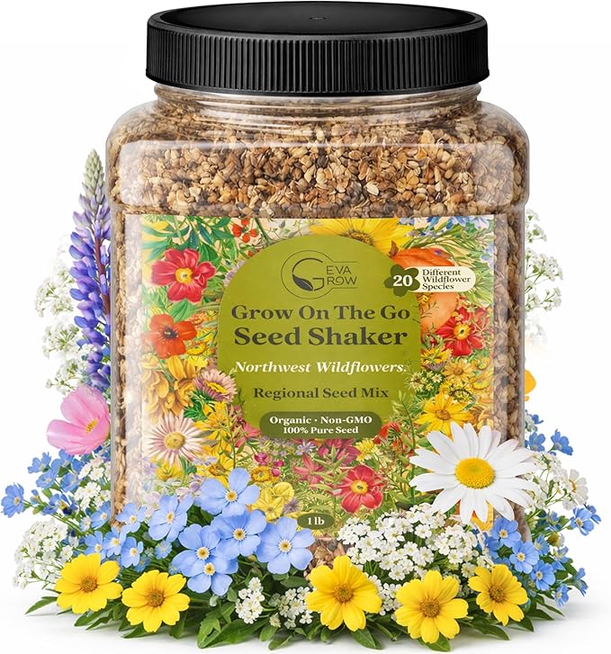 Geva Grow Northwest Wildflower Seeds Regional Mix - Organic, Non-GMO - 100% Pure Seed - 20 Different Wildflowers Seeds of Annual and Perennial, 1 LB Tub