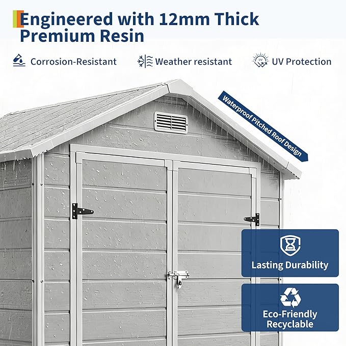 Resin Outdoor Storage Sheds 4x6 ft, Upgraded Double-Wall Outdoor Plastic Shed with Window & Double Doors, Waterproof Lockable Garden Shed (Light Gray, 6 X 4 ft)