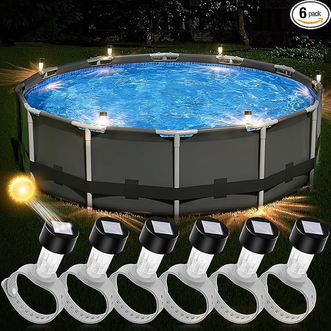 BITIWEND Solar Pool Lights for Above Ground Pools, Strap-on Pool Frame Lights with Adjustable Straps (Max 2.3"), Waterproof Dusk to Dawn Warm White LED Lights