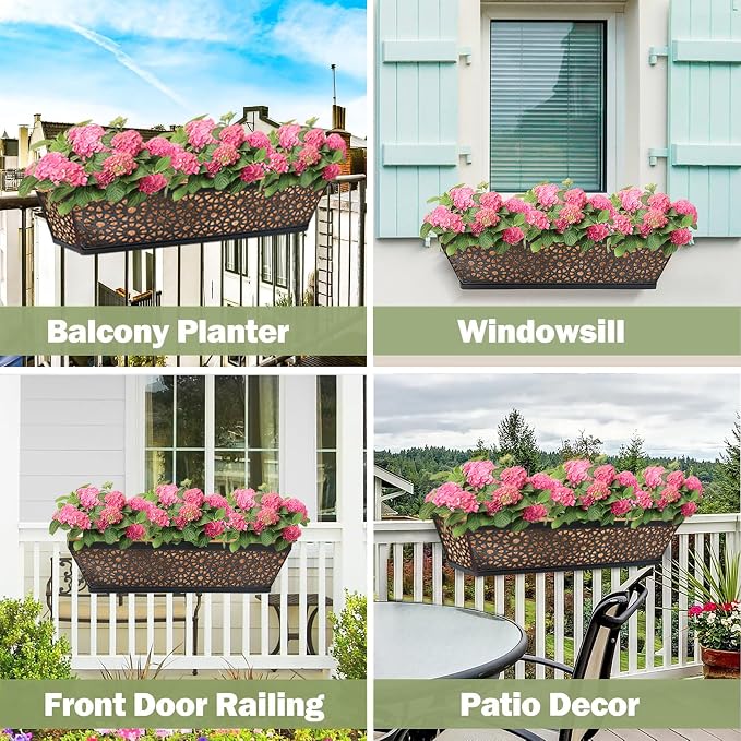 Black Metal Railing Planter Window Box (2 Pack, 24 Inch) Horse Trough Planter with Coco Fiber Liner Deck Balcony Rail Planters for Porch Fence Patio Outdoor Garden Décor