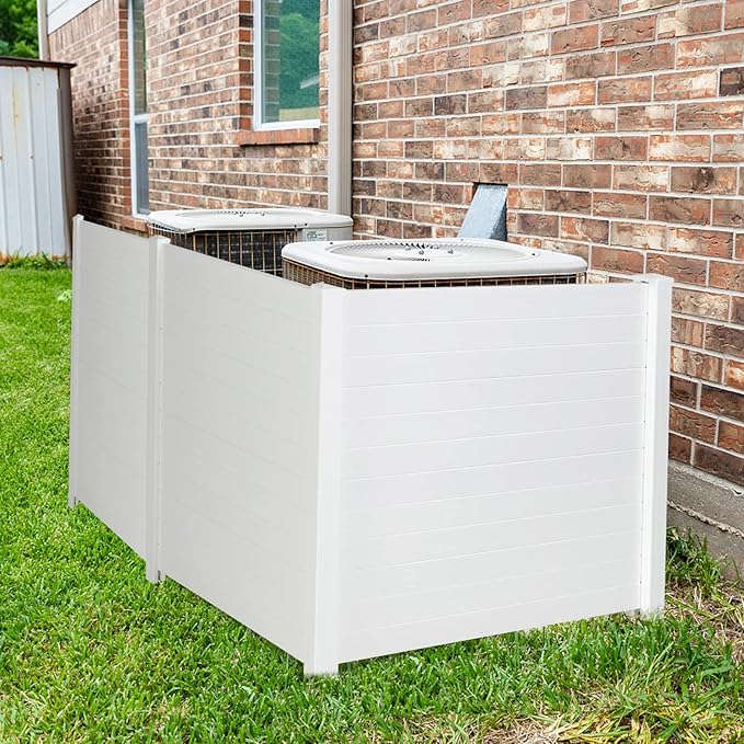 HAPPYGRILL Air Conditioner Fence, 4 Panels Outdoor Privacy Fence Screen w/6 Stakes, 48''W x 48''H PP Pool Equipment Enclosure Trash Can Screen, Decorative Garden Fences for AC Unit Patio Lawn, White