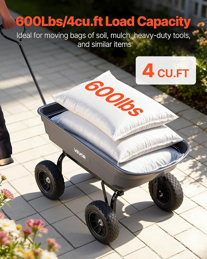VEVOR 4 Cu.Ft 600LBS Poly Garden Cart Dump Wagon, 4 Wheel Heavy Duty Wheelbarrow with 10" Flat Free Tires, Yard Cart Dump Wagon with Quick-Release System
