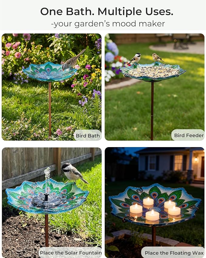 Glass Bird Bath with Stake 10.5" – Shallow Bird Bath for Outside Garden Backyard – Decorative Birdbath & Feeder for Patio Lawn – Hand-Painted Glass Water Dish, Peacock