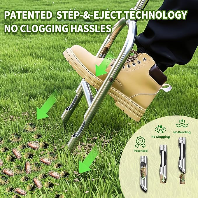 Manual Lawn Aerator Tool - Core Aerator with Step-to-Eject Technology for Never-Clogging Lawn Aeration, Heavy-Duty Steel Construction,Easy DIY Plug Aerator for Healthier Grass and Yard (Green)