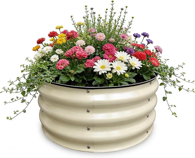 GrowHaus 2x2x1FT Galvanized Raised Garden Bed, Planter Boxes Outdoor Round Metal Garden Beds for Planting Vegetables Flowers Herbs Milk White