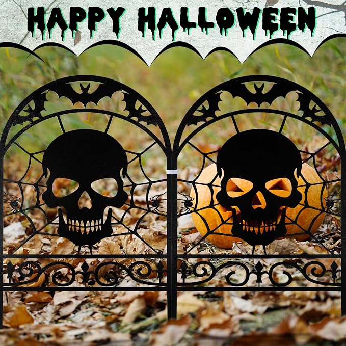 Yaocom 6 Pack Halloween Skull Fence Outdoor Decoration Spooky Graveyard Fence for Halloween Yard Party Decor, Black Metal Decorative Garden Stake Yard Sign for Lawn Porch, 16.5''h x 11.8''w