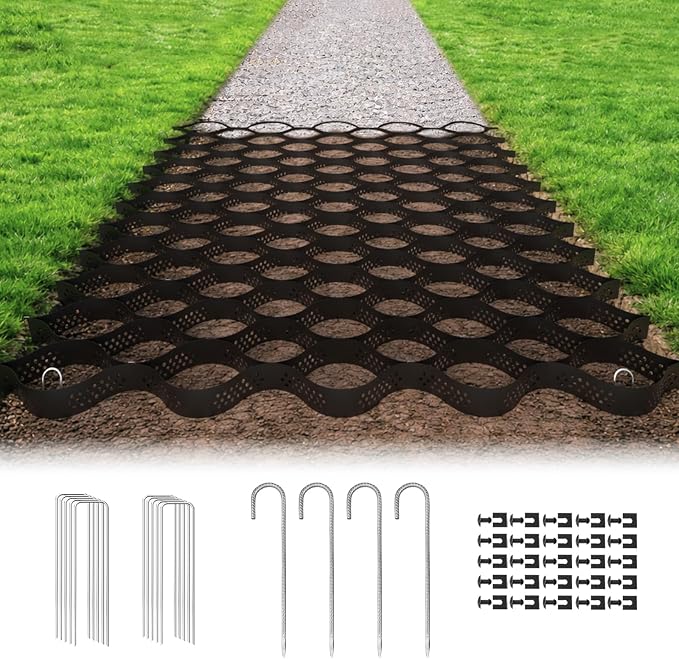 Gravel Grid 2'' Depth with Metal Stakes, 6.6x16.4 FT Geogrid for Gravel Driveway 2200 lbs per Sq FT Erosion Control Ground Grid Gravel Stabilizer Grid for Driveway, Parking Lot, Slope, Walkway, Patio
