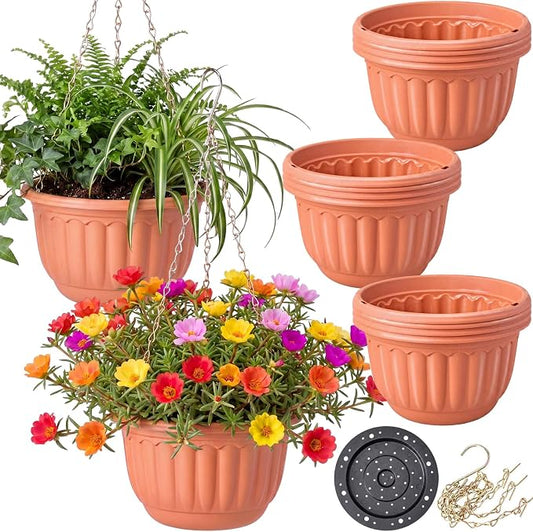 12 Sets Hanging Planters for Indoor and Outdoor Plants Self Watering Hanging Basket Flower Pots Plastic Plant Pots with Drainage Hole and Absorbing Tray(Terracotta,8 Inch)