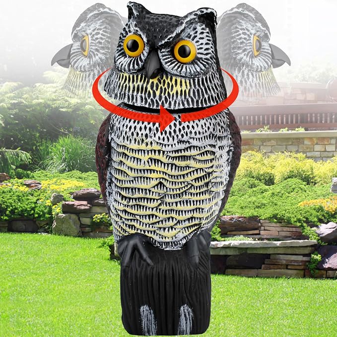 Fake Owl Statue to Scare Birds Away, Waterproof Moving Bird Deterrent Owl | Squirrel Repellent with 360° Rotating Head, Large Plastic Bird Control Owl for Outdoor Garden Patios Balcony Pool Barn Roof