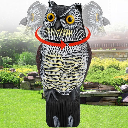 Fake Owl Statue to Scare Birds Away, Waterproof Moving Bird Deterrent Owl | Squirrel Repellent with 360° Rotating Head, Large Plastic Bird Control Owl for Outdoor Garden Patios Balcony Pool Barn Roof