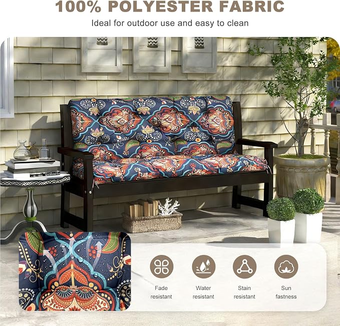 Porch Swing Cushion with Backrest,Waterproof Bench Cushion for Outdoor Furniture,2-3 Seater Replacement Thickened Swing Cushion with Ties,Patio,Outdoor,Backyard and Garden (Bohemian,60x40)