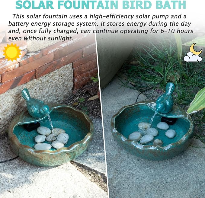 Ceramic Solar Fountain Bird Bath with Battery Backup,Bird Bath for Outside,Bird Bath Bowl for Garden, Patio & Yard Decor,Working at Night for at Least 6 Hours (Bird).