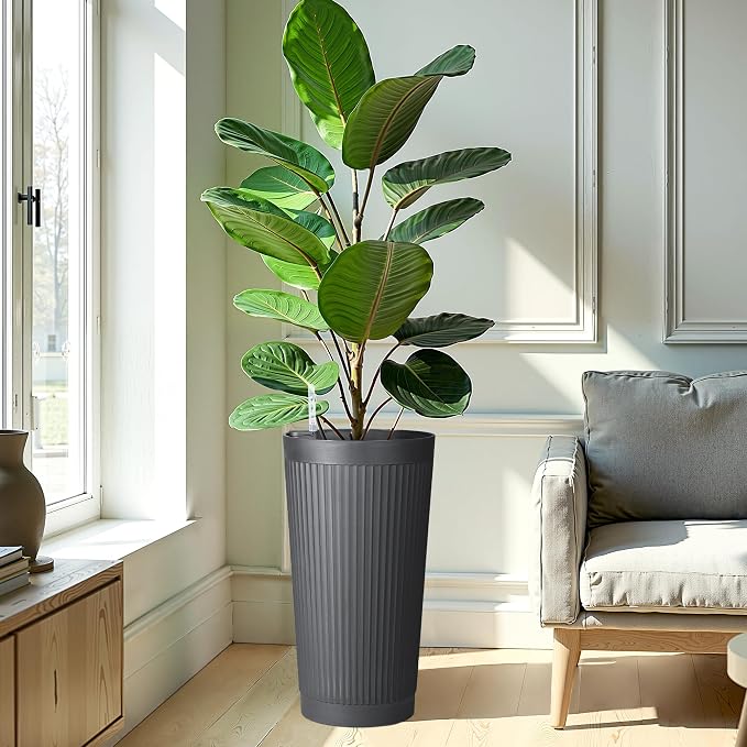 24in Tall Self-Watering Planters Set of 2, Gray | Water level indicator, Self-watering irrigation system, Non-toxic PP plastic, Weather Resistant, Indoor Outdoor Use