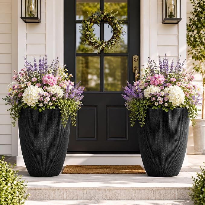 2 Pack 19" Tall Black Fluted Concrete-Look Resin Planters, Large Round UV-Resistant Flower Pots for Indoor Outdoor Plants, Decorative Ribbed Planters for Garden Patio Porch Home Office