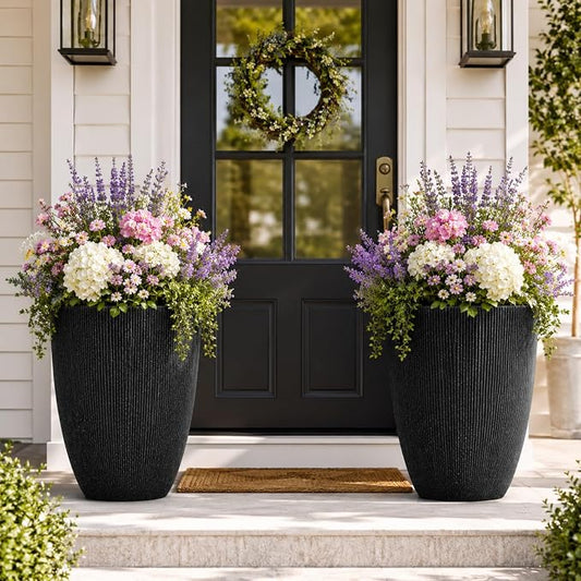 2 Pack 19" Tall Black Fluted Concrete-Look Resin Planters, Large Round UV-Resistant Flower Pots for Indoor Outdoor Plants, Decorative Ribbed Planters for Garden Patio Porch Home Office