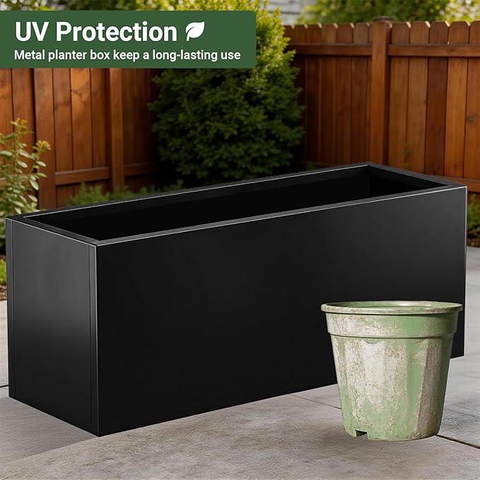 Metal Planter Box 46” x 16” x 16”, Heavy Duty Tall Rectangle Planter Box with with Drainage Holes & Rust-Proof Coating, Modern Outdoor/Indoor Black Planter Box for Porch, Garden, Patio, Yard