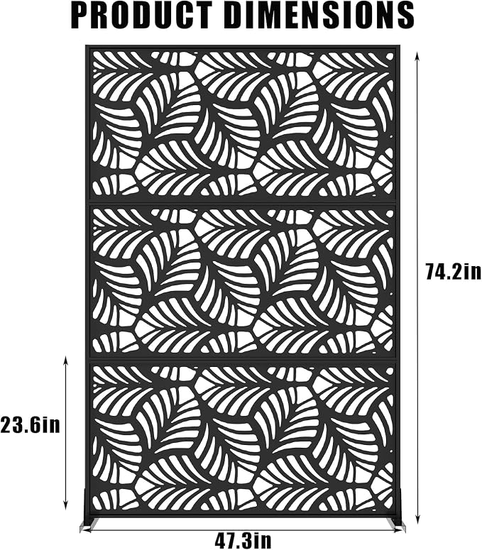 72" h × 47" w Outdoor Privacy Screen, Laser Cut Metal Garden Divider Panel with Tropical Leaf Design, Freestanding Weatherproof Privacy Fence for Patio Deck Backyard Balcony