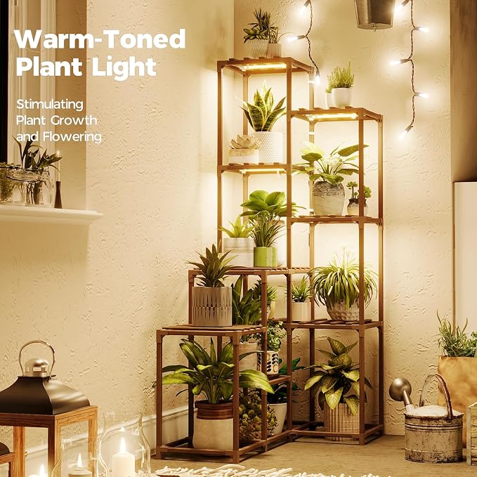 Bamworld Corner Plant Stand With Grow Lights - Tall Shelf Indoor Outdoor for Multiple Plants - Wood Table 7 Pots Flower Stands for Living Room Rack